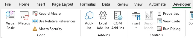 The Excel Developer Ribbon tab.