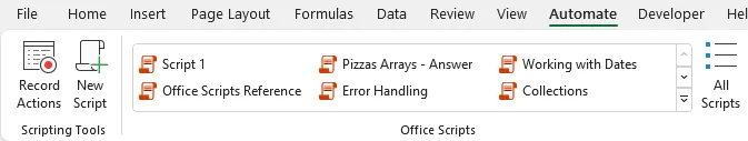 The Automate tab of the Excel ribbon.