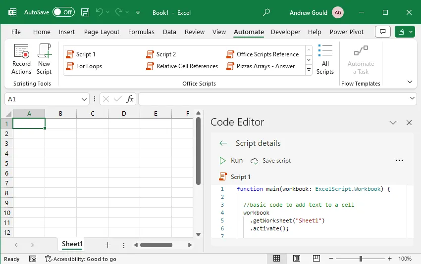 The Code Editor panel in Excel.