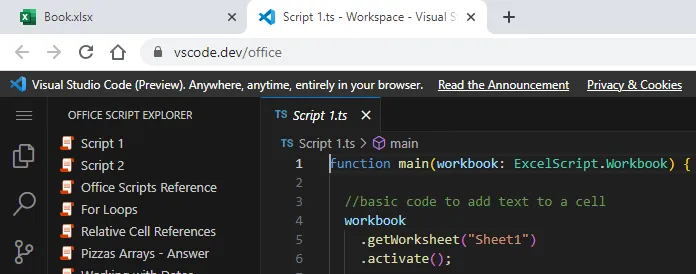 Editing Office Scripts in Visual Studio Code.