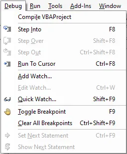 Debugging options in VBA.