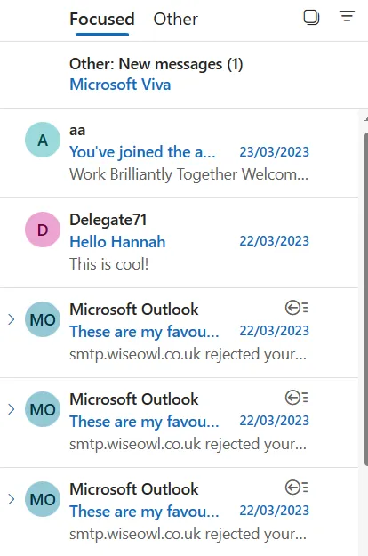 Inbox of unread emails
