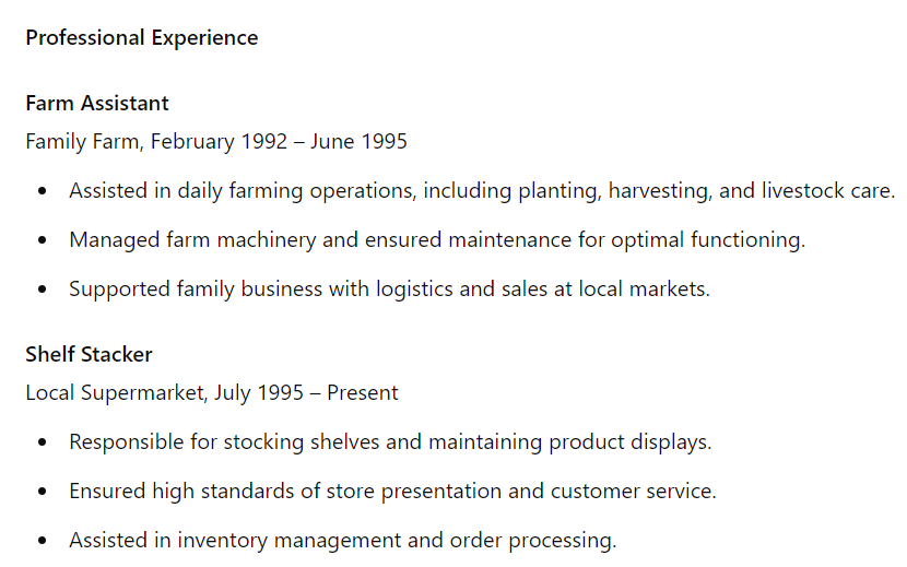 Work experience on CV