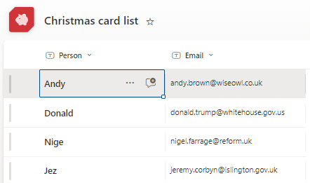 Xmas card list
