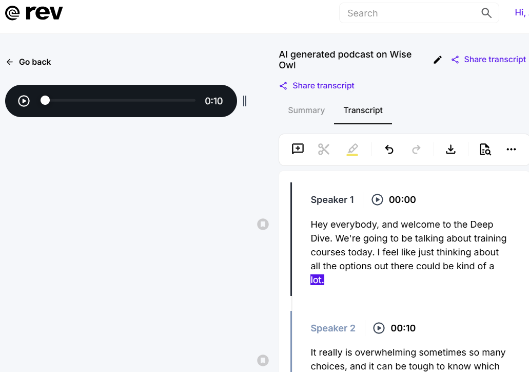 Transcribed podcast in Rev
