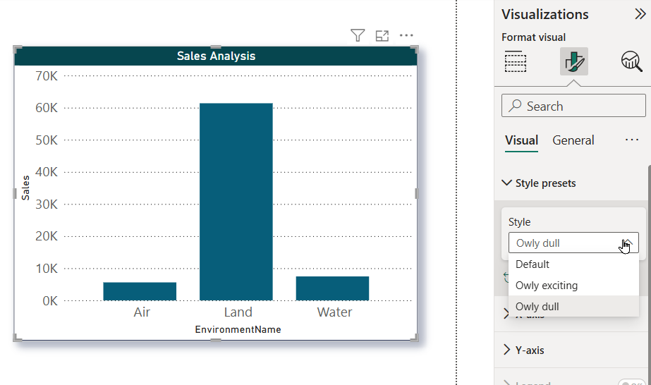 Dropdown of preset styles for column chart