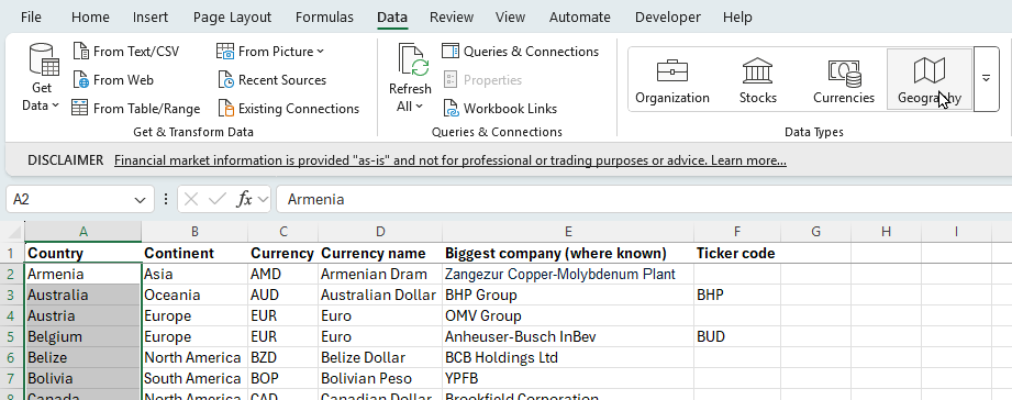 Applying country data type