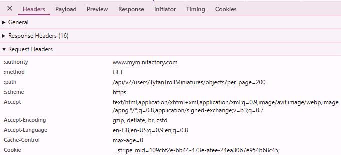 A list of webpage headers