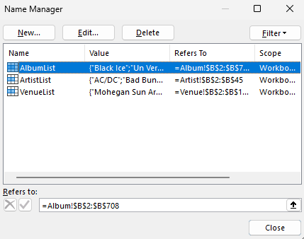 A list of named ranges in a Microsoft Excel workbook