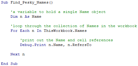 A VBA subroutine to list the named ranges in an Excel workbook