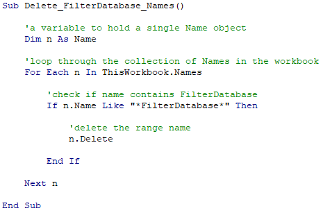 A VBA subroutine to delete range names from an Excel workbook