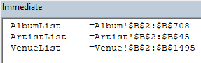 A list of named ranges displayed as the output of a VBA subroutine