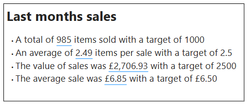 Text box with 4 bullet points showing values against targets