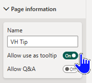 An image showing a Power BI page being set for use as a Tooltip