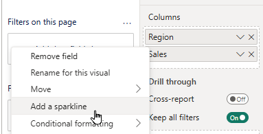 Right-click to add a sparkline