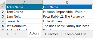 A list of actors in a Microsoft Excel worksheet