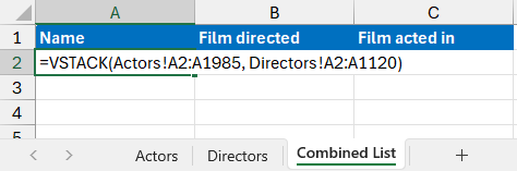 An Excel formula using the VSTACK function to combine two arrays