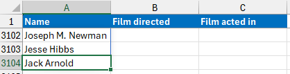 A list of actors and directors produced with the VSTACK function in Excel