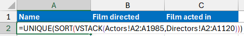 An Excel formula to return a sorted list of unique values from a combined array of two cell ranges