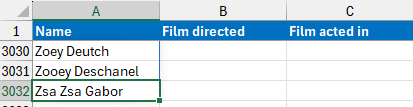 A list of actors and directors in an Excel worksheet
