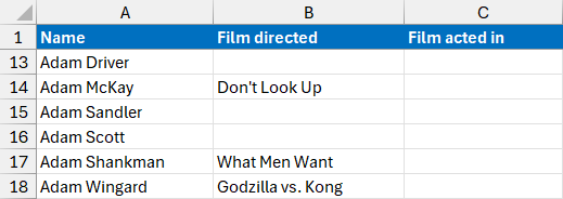 Results of an XLOOKUP function in Microsoft Excel