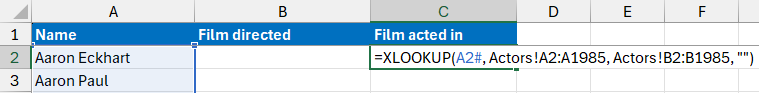 An XLOOKUP function in Microsoft Excel