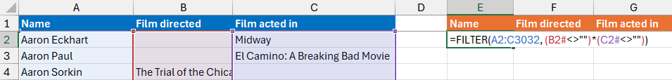 Using the FILTER function in Excel to filter a set of dynamic arrays