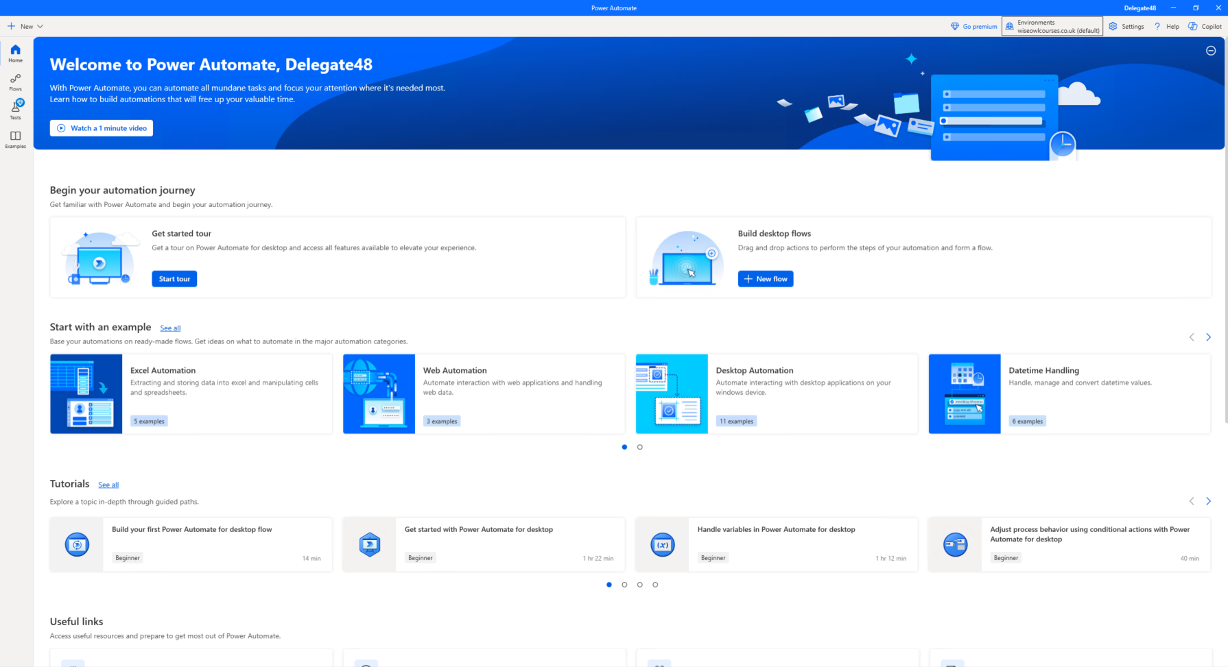 Image showing the Home screen of Power Automate Desktop