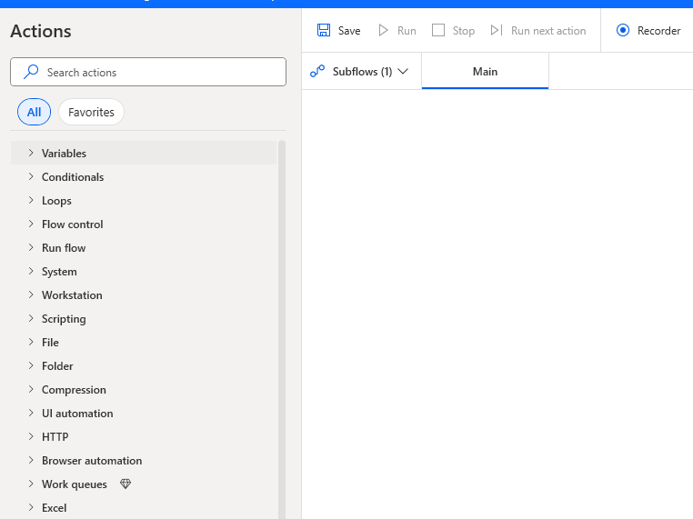 An image showing a blank PAD flow screen with actions listed on the left