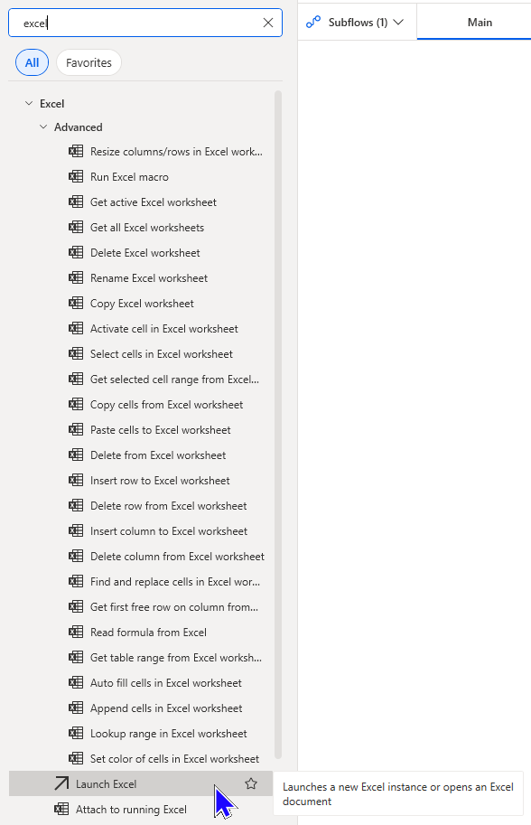 Image showing the list of Excel associated actions