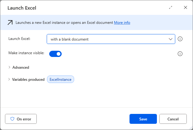 Image of the Launch Excel action dialog box