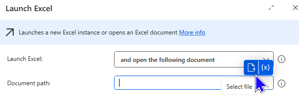 Image showing an action opening a specified Excel file