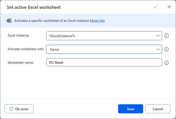 Image showing the Set active worksheet action, filled in with the correct details