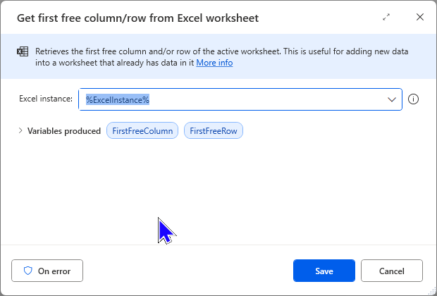 Image showing the Get first free column/row from Excel worksheet action