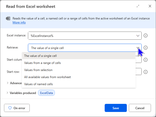 Image showing the options for cell choice when reading from an Excel worksheet