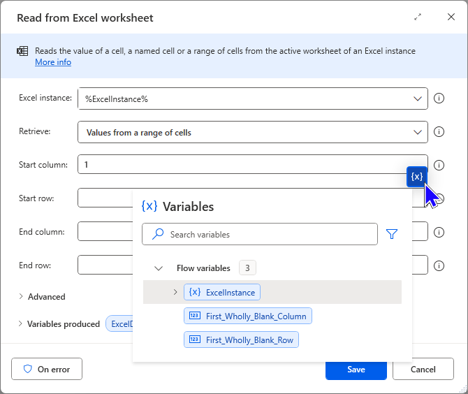 Image showing how to use variables as values in PAD actions