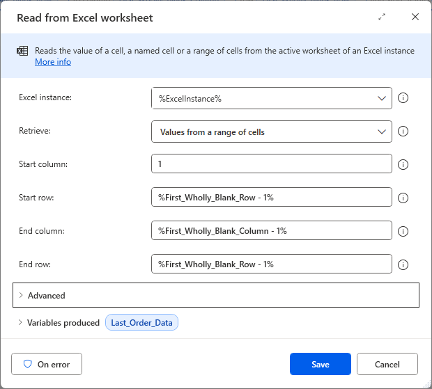 Image showing the Read from Excel action, set to the last row of data