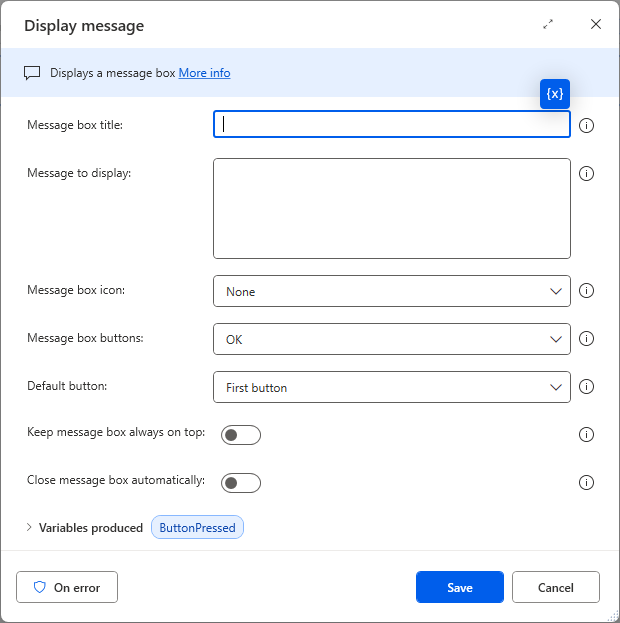 An image of the Display message action in PAD