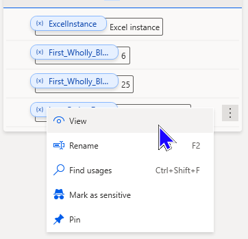 Image showing the variable pane in PAD with the option to view being chosen