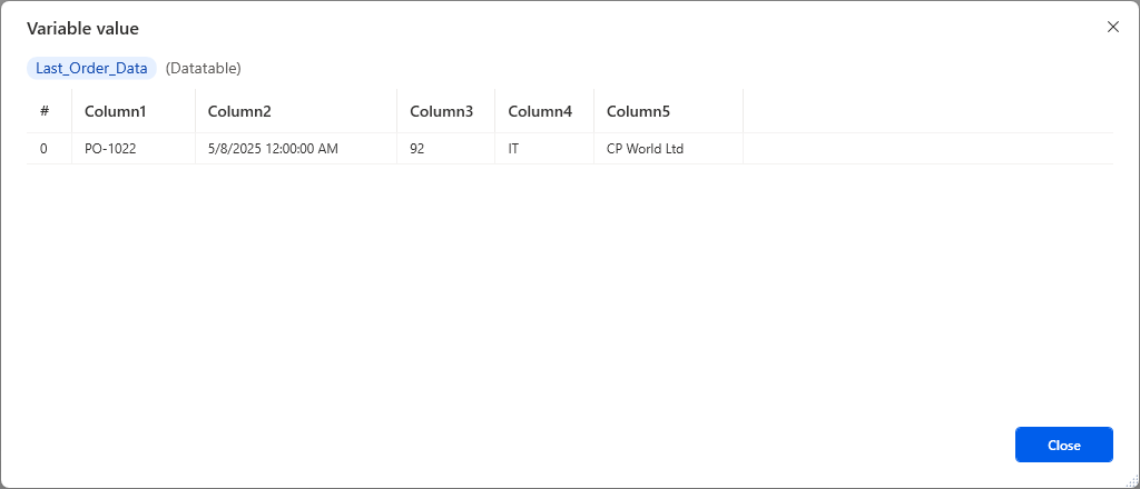 An image of a PAD Datatable storing values