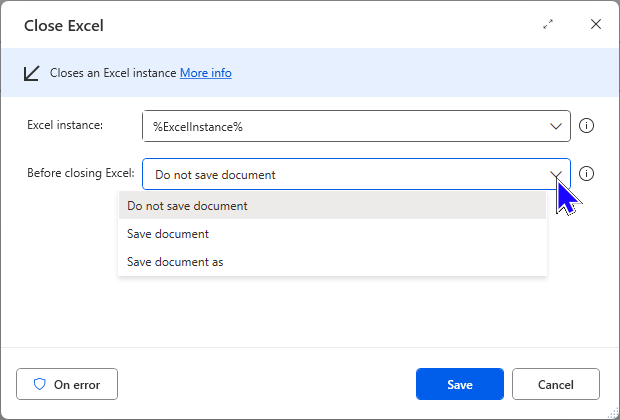 Image showing the Close Excel action with choices for Saving