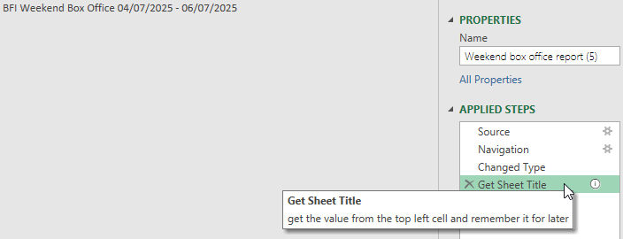 The result of a custom query in Power Query for Excel