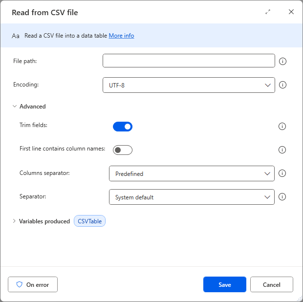 An image showing the Read CSV file action in PAD, including advanced options