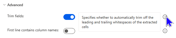 an image showing Read from CSV advanced options with the mouse hovering over a help icon