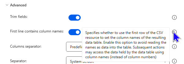 An image showing the help text for First line contains column names option in this action