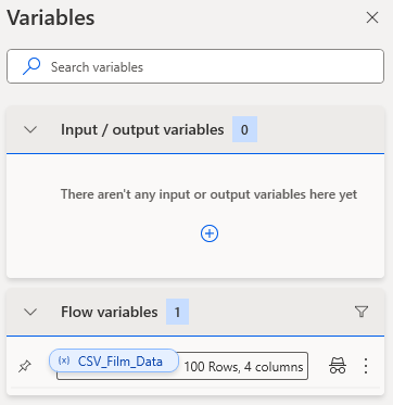 An image showing the Variables pane with my Datatable variables details visible