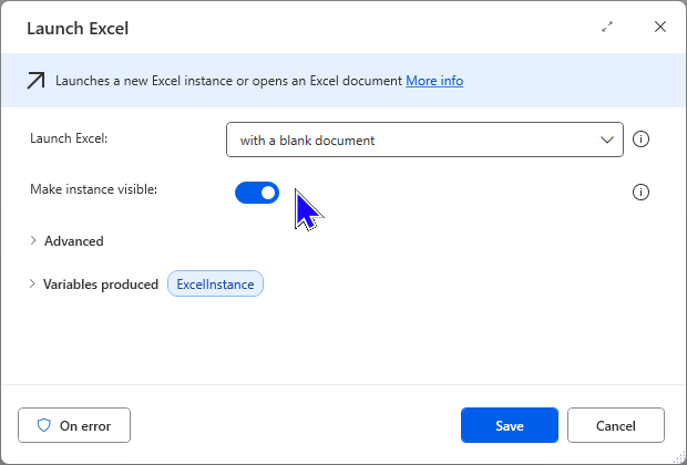 An image showing the Launch Excel action