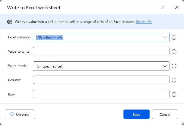 The Write to Excel worksheets action in PAD