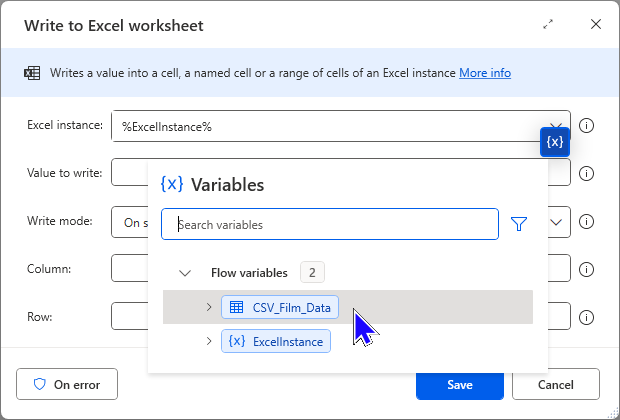 An image showing me selecting the variable storing our data as the data to write to Excel