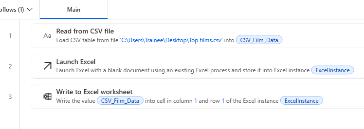 An image showing the flow so far without a close Excel action.